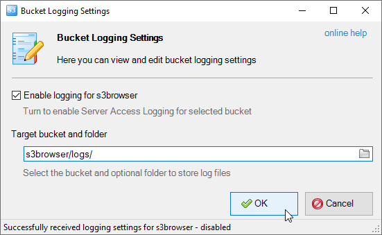 click ok to apply bucket logging settings