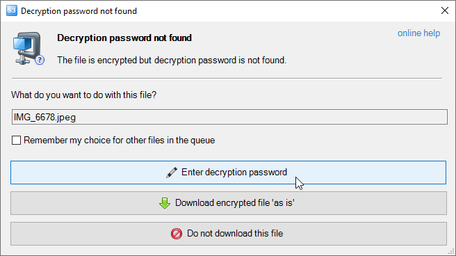Decryption Password not found dialog