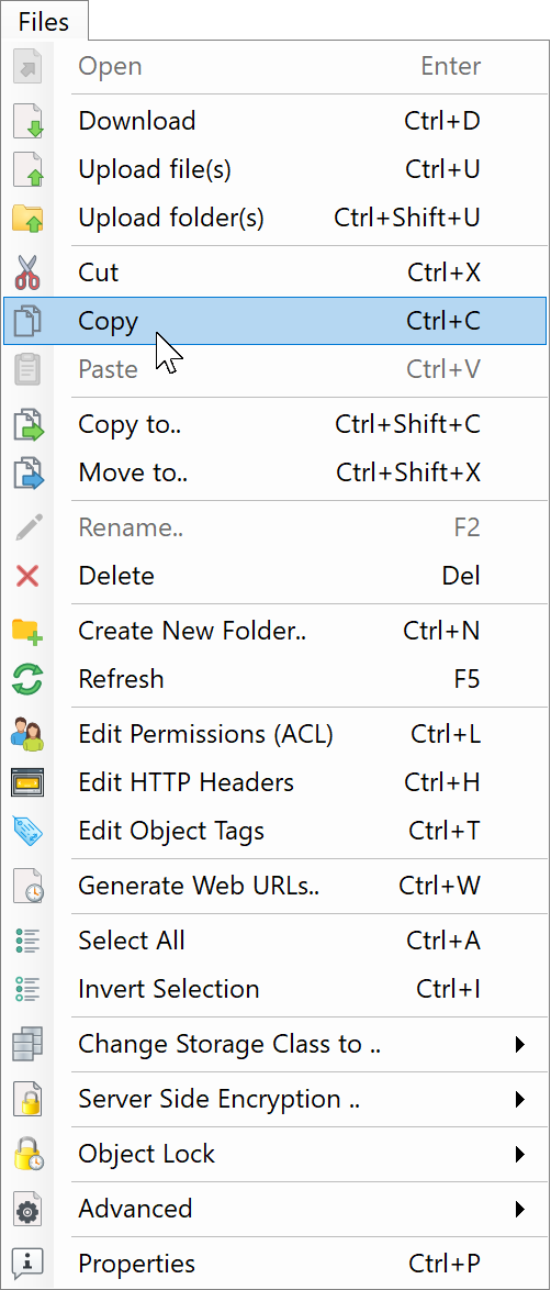Select files and folders you want to copy or move between accounts