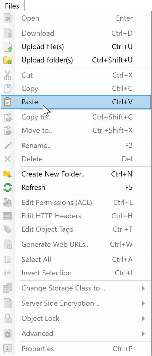 Open destination (external) bucket and click Files->Put