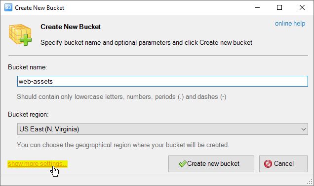 The Create New Bucket dialog, more settings