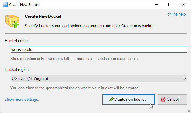 Create New Bucket dialog will appear