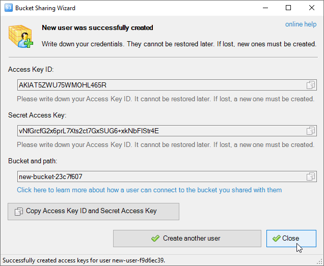 Bucket Sharing. New IAM User created. Save Access Key ID and Secret Access Key
