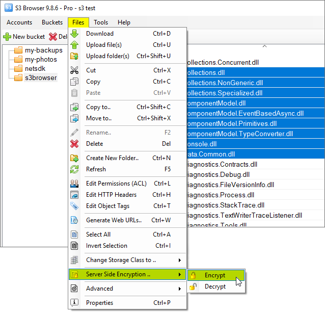 select the files and choose server side encryption