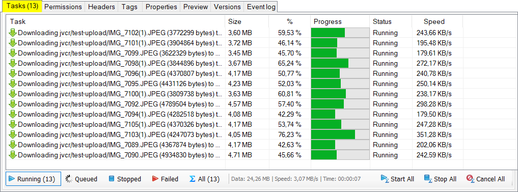 Tasks tab shows downloading progress