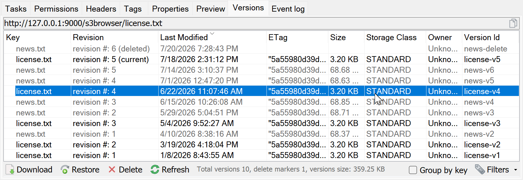 Flat Versions list sorted by Last Modified, newest first