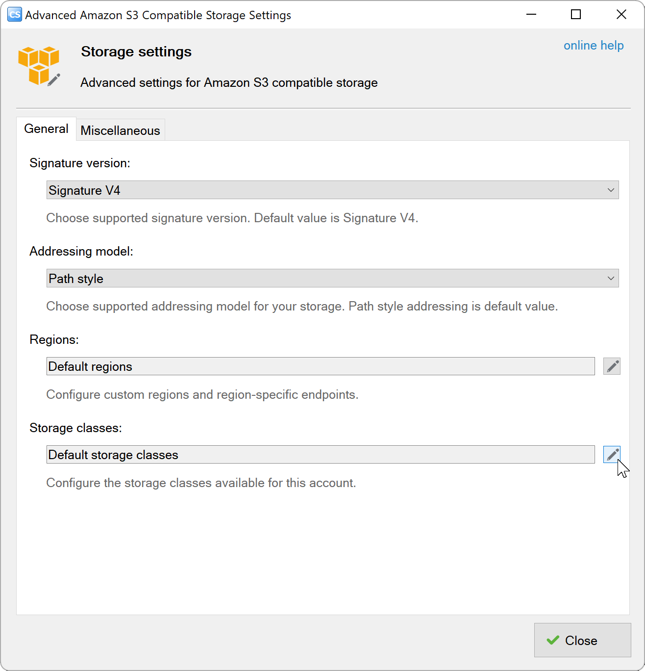 General tab with Configure storage classes highlighted