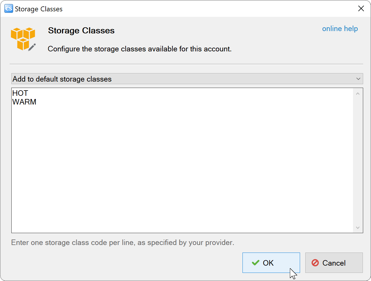 Storage Classes dialog adding the example codes HOT and WARM