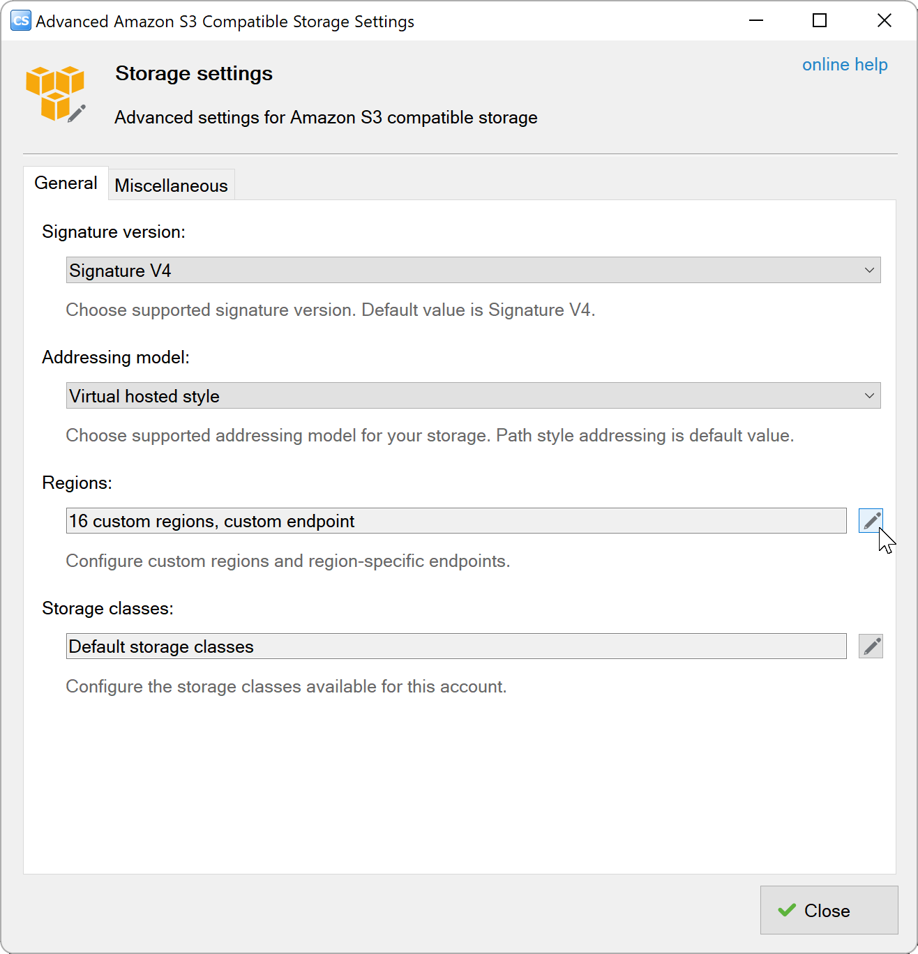 General tab with Wasabi regions and endpoint configured