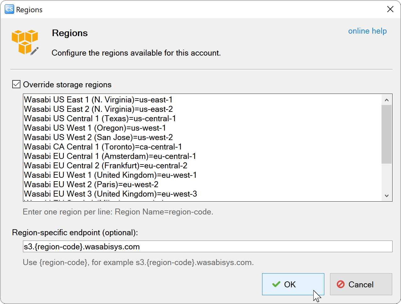 Regions dialog with the Wasabi region list and endpoint template