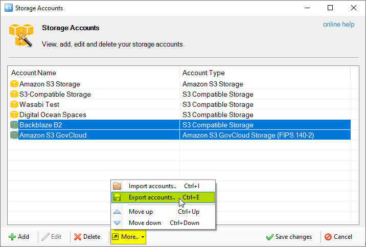how to export storage accounts