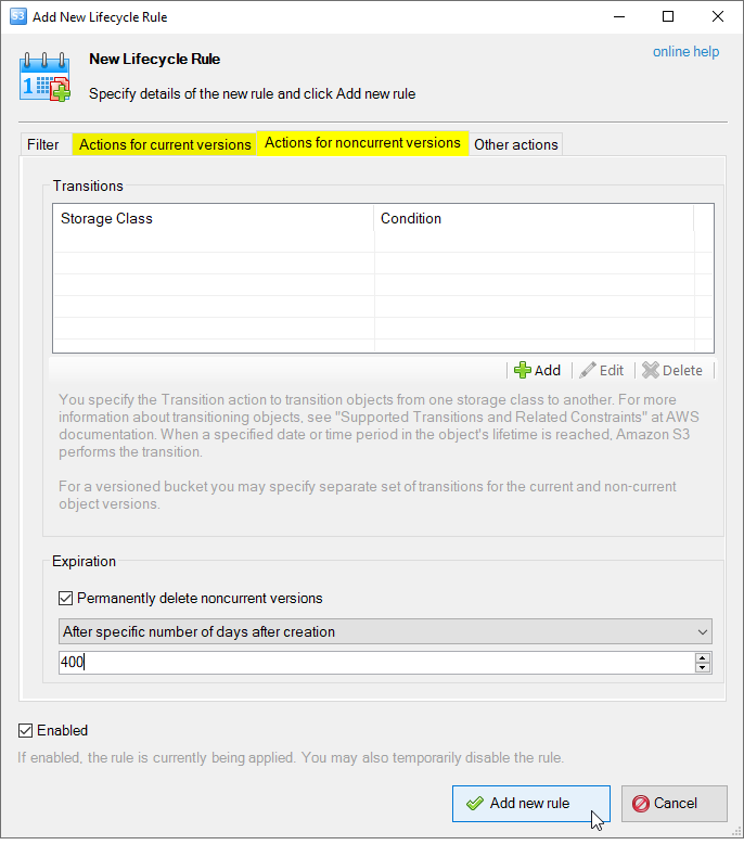 Edit Lifecycle Rule dialog for Versioning-enabled buckets