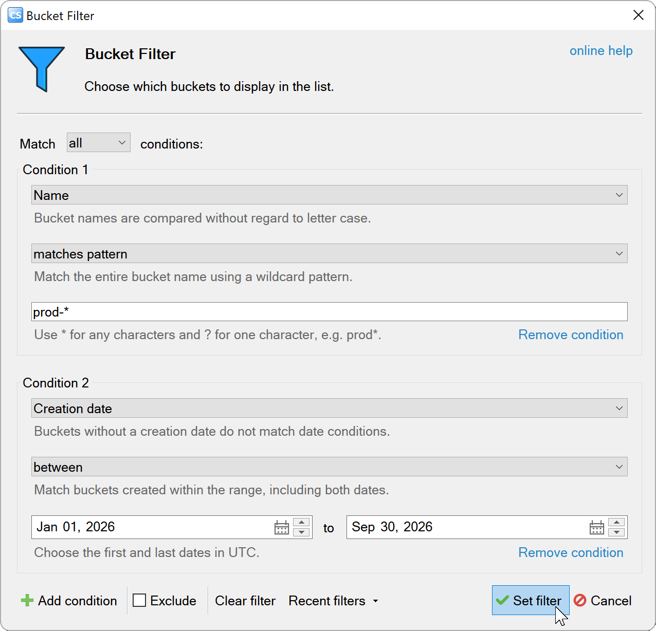Match all conditions combining prod-* with a creation date range