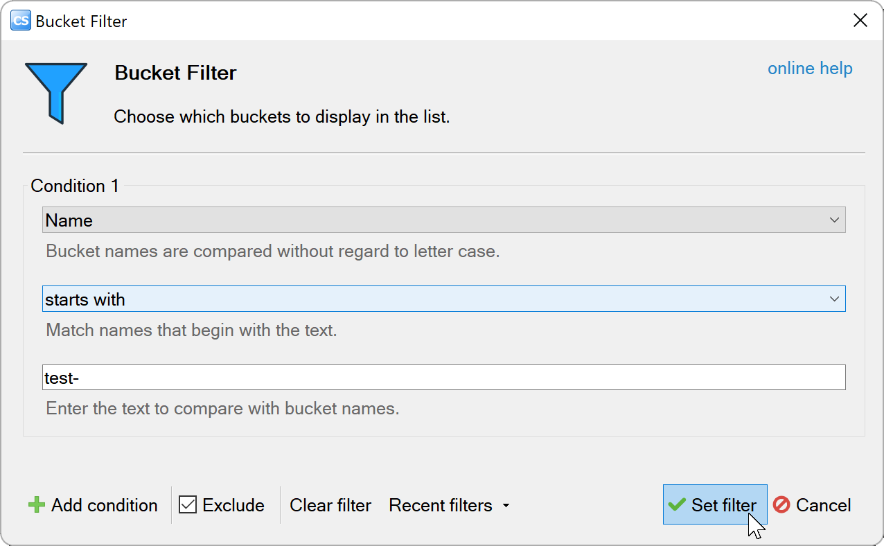 Exclude checked for a name condition starting with test-