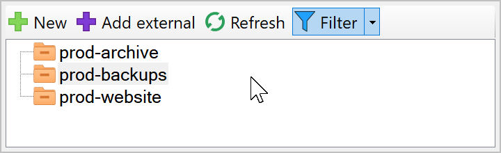 Filtered bucket list showing prod-archive, prod-backups, and prod-website