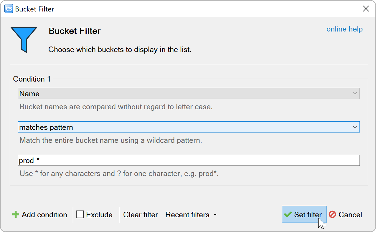 Bucket Filter dialog with a name condition matching the prod-* pattern