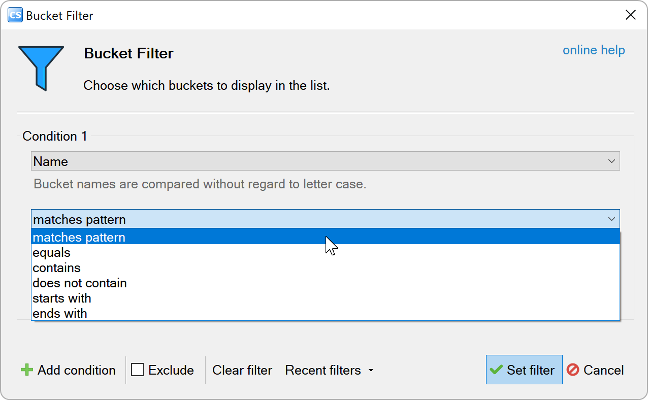 Name filter operation list with pattern, equals, contains, and other text comparisons