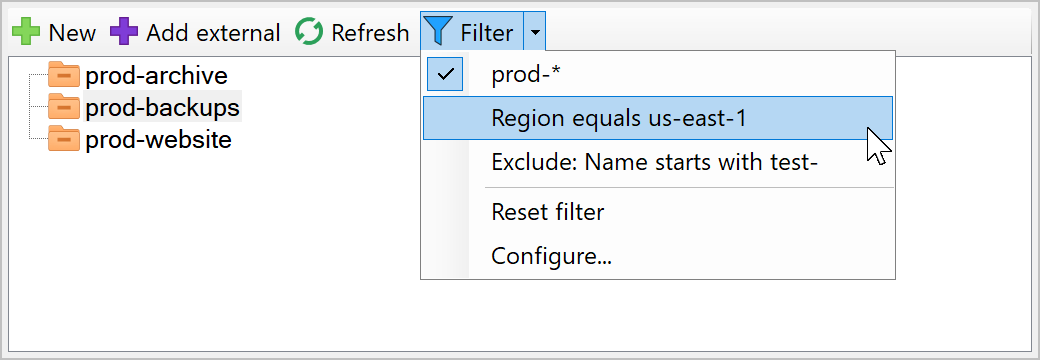 Filter toolbar menu with saved name, region, and exclusion filters
