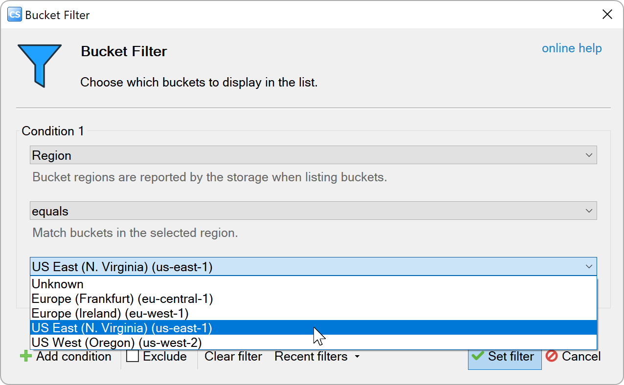 Region filter with the region list open and US East (N. Virginia) selected