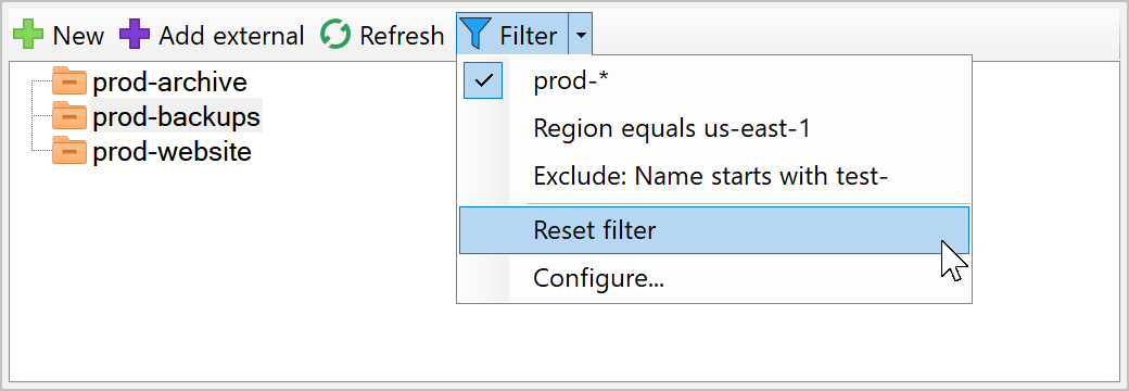 Reset filter command in the bucket toolbar menu