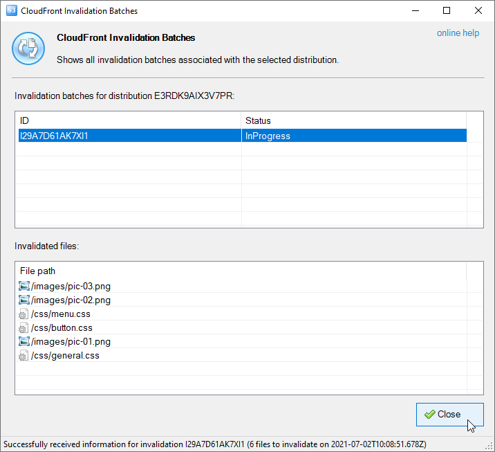 CloudFront Invalidation Batches Dialog
