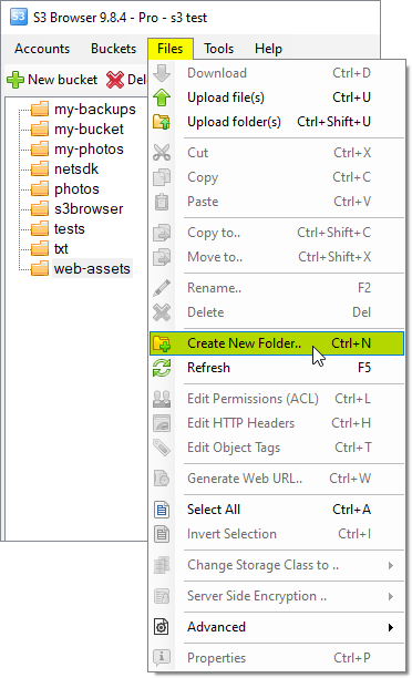 Files, Create New Folder menu
