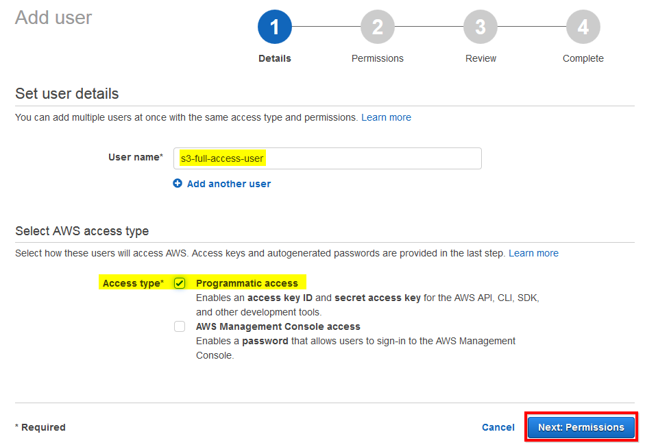 set user name and access type