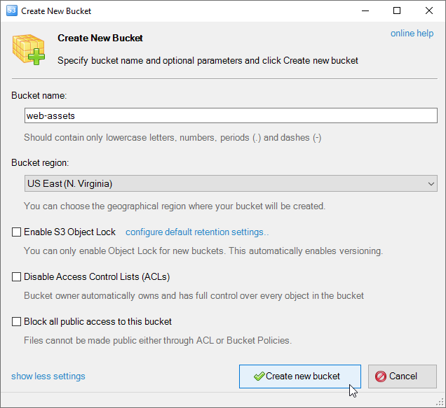 The Create New Bucket dialog, additional settings