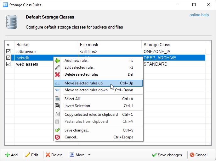 Default Storage Classes dialog context menu
