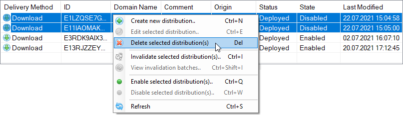 delete selected distributions