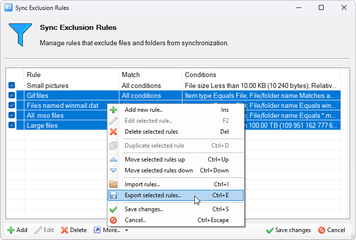 Additional Sync Exclusion Rules operations
