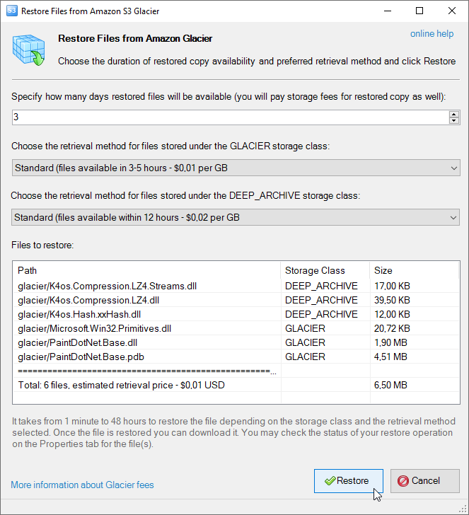 Restore Files from Amazon Glacier