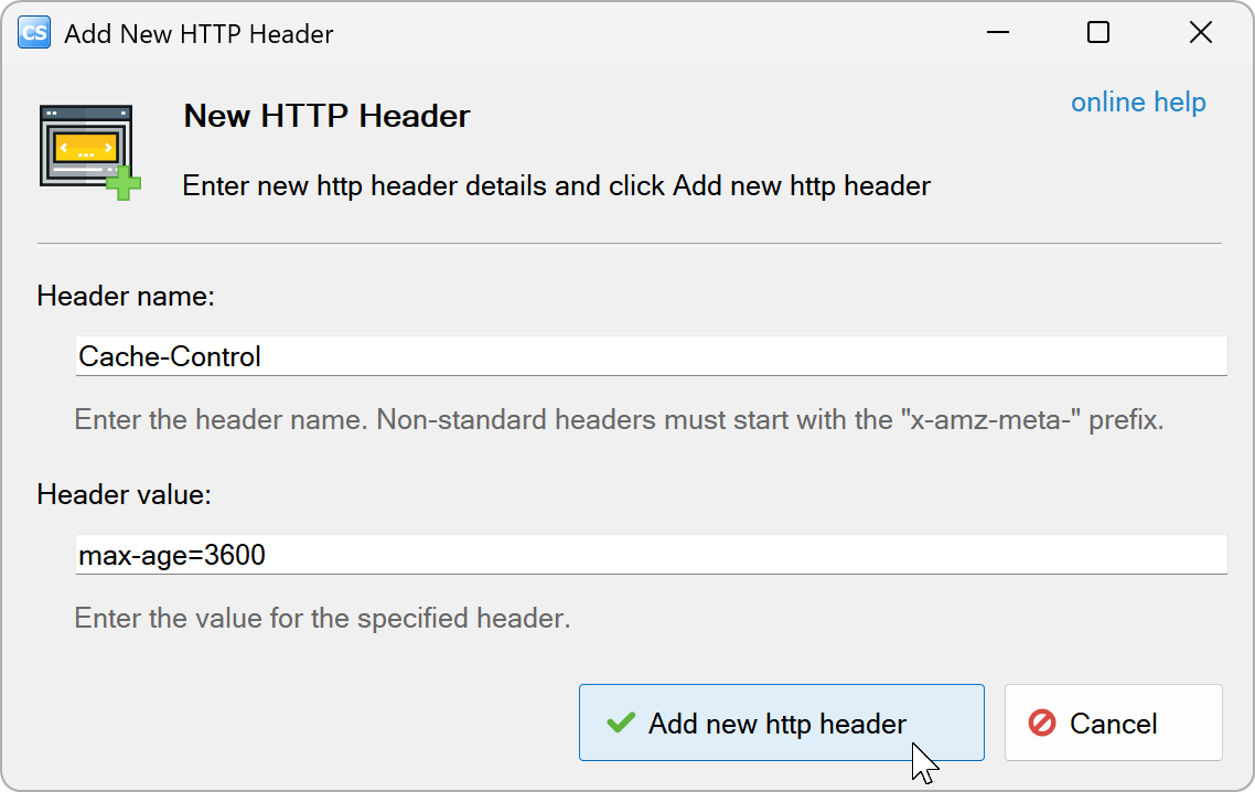 Add New HTTP Header dialog with Cache-Control set to max-age=3600