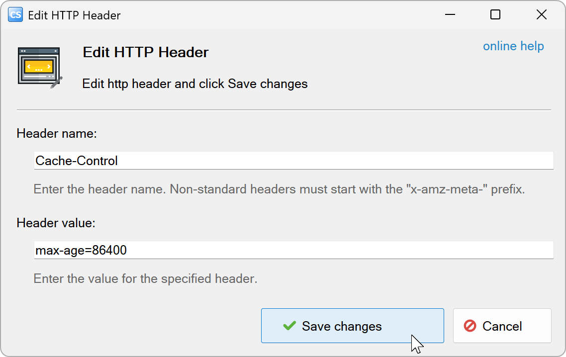 Edit HTTP Header dialog with Cache-Control changed to max-age=86400