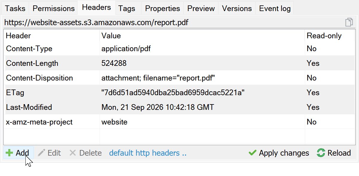 Amazon S3 object headers with the Add button highlighted