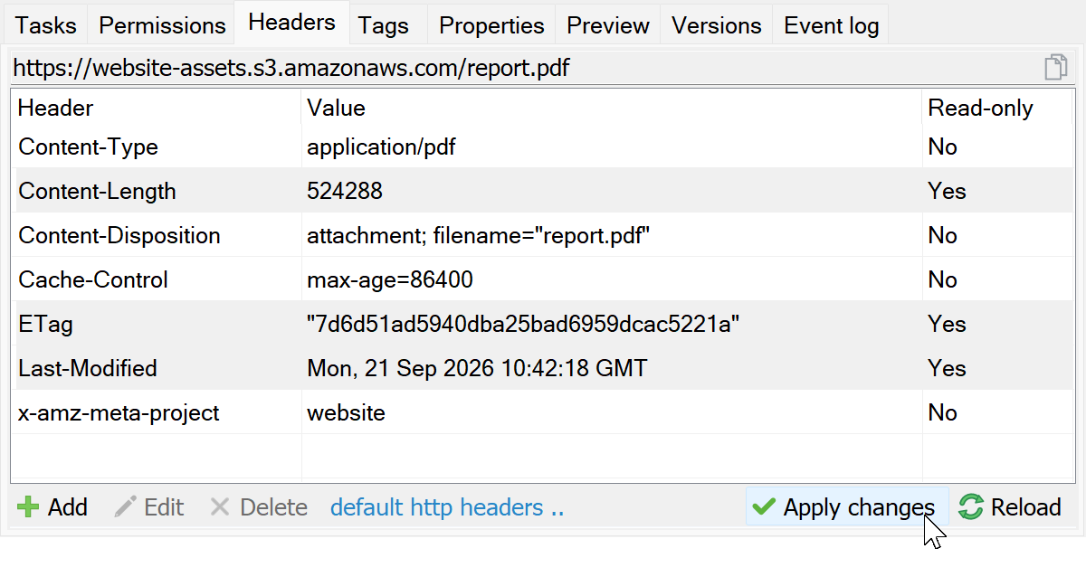 Updated Cache-Control value on the Headers tab with Apply changes highlighted