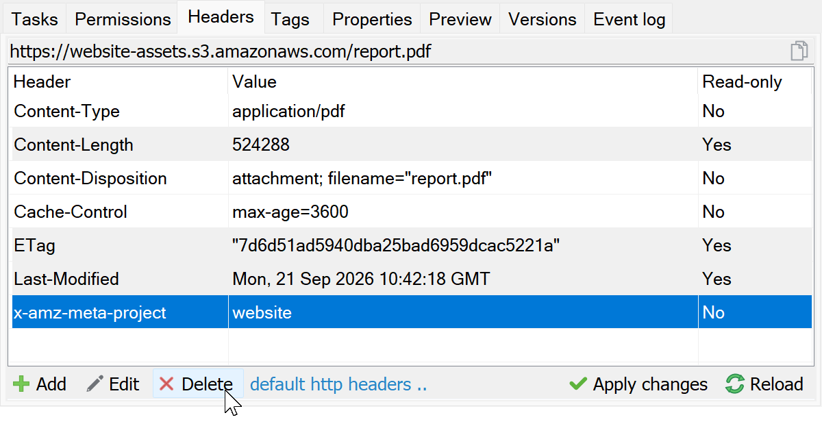 Custom x-amz-meta-project metadata selected with the Delete button highlighted