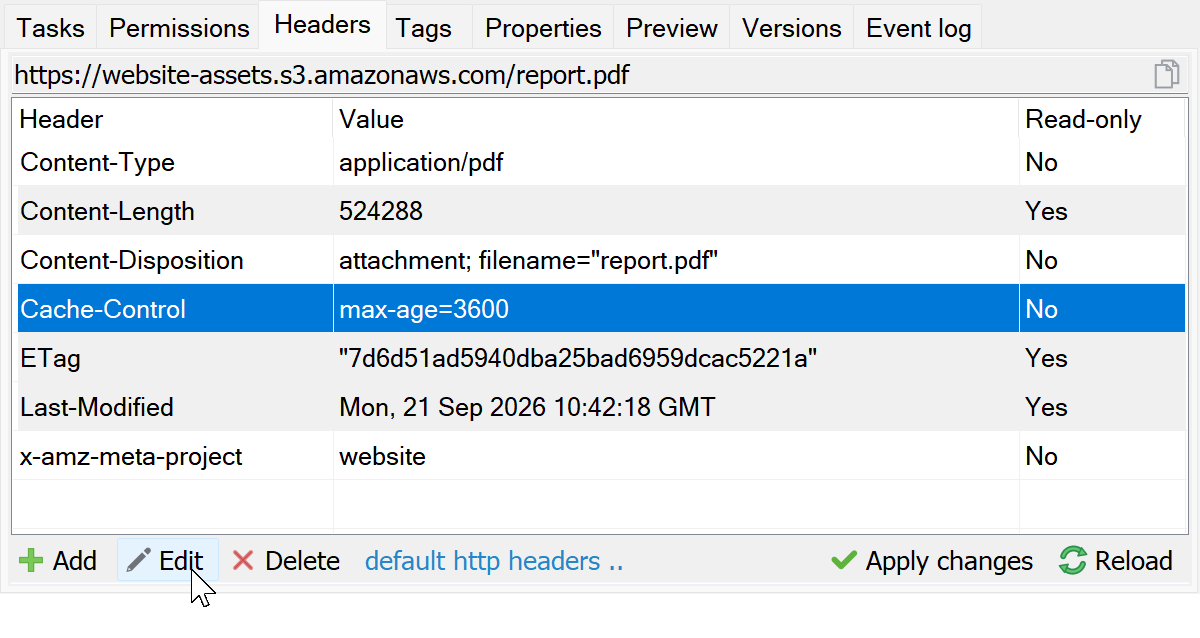 Cache-Control selected on the Headers tab with Edit highlighted