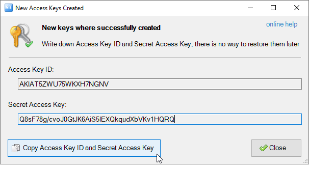 Access Keys were successfully created