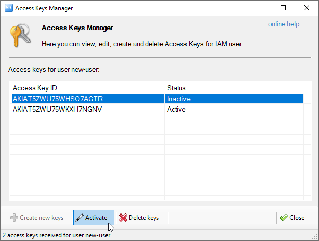 Activate Access Key Id and Secret Access Key
