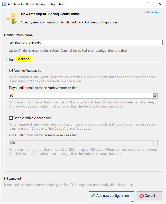 The Actions tab of the Add New Intelligent Tiering Configuration Dialog