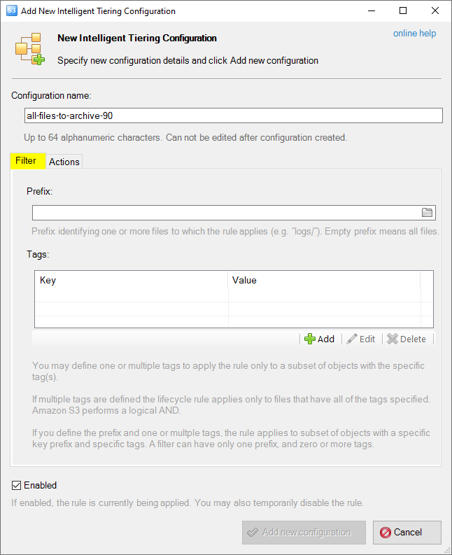 The Filter tab of the Add New Intelligent Tiering Configuration Dialog