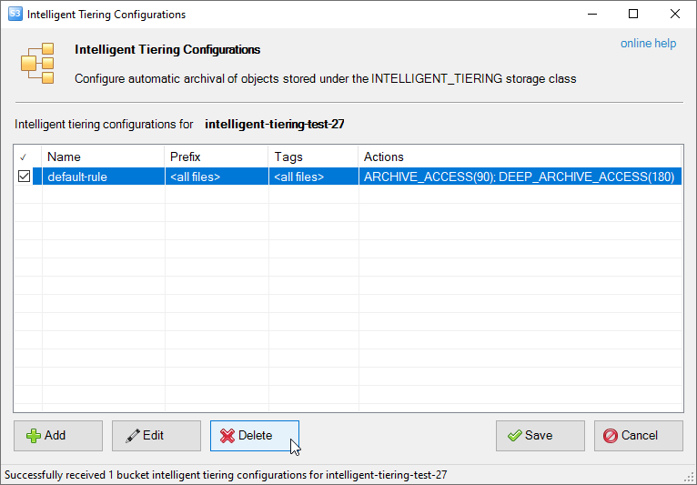 The Intelligent Tiering Configurations dialog