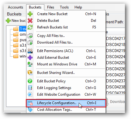 Click Buckets->Lifecycle Configuration