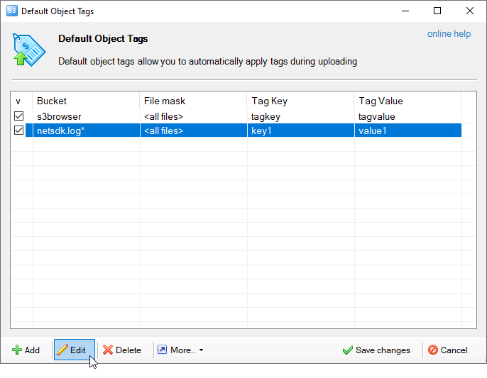 select default object tag to edit
