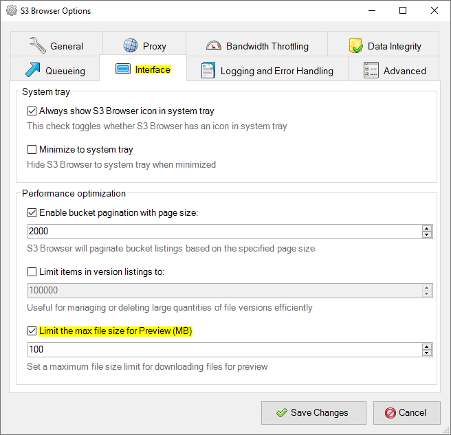 S3 Browser Preview Settings - Limit the max file size for Preview