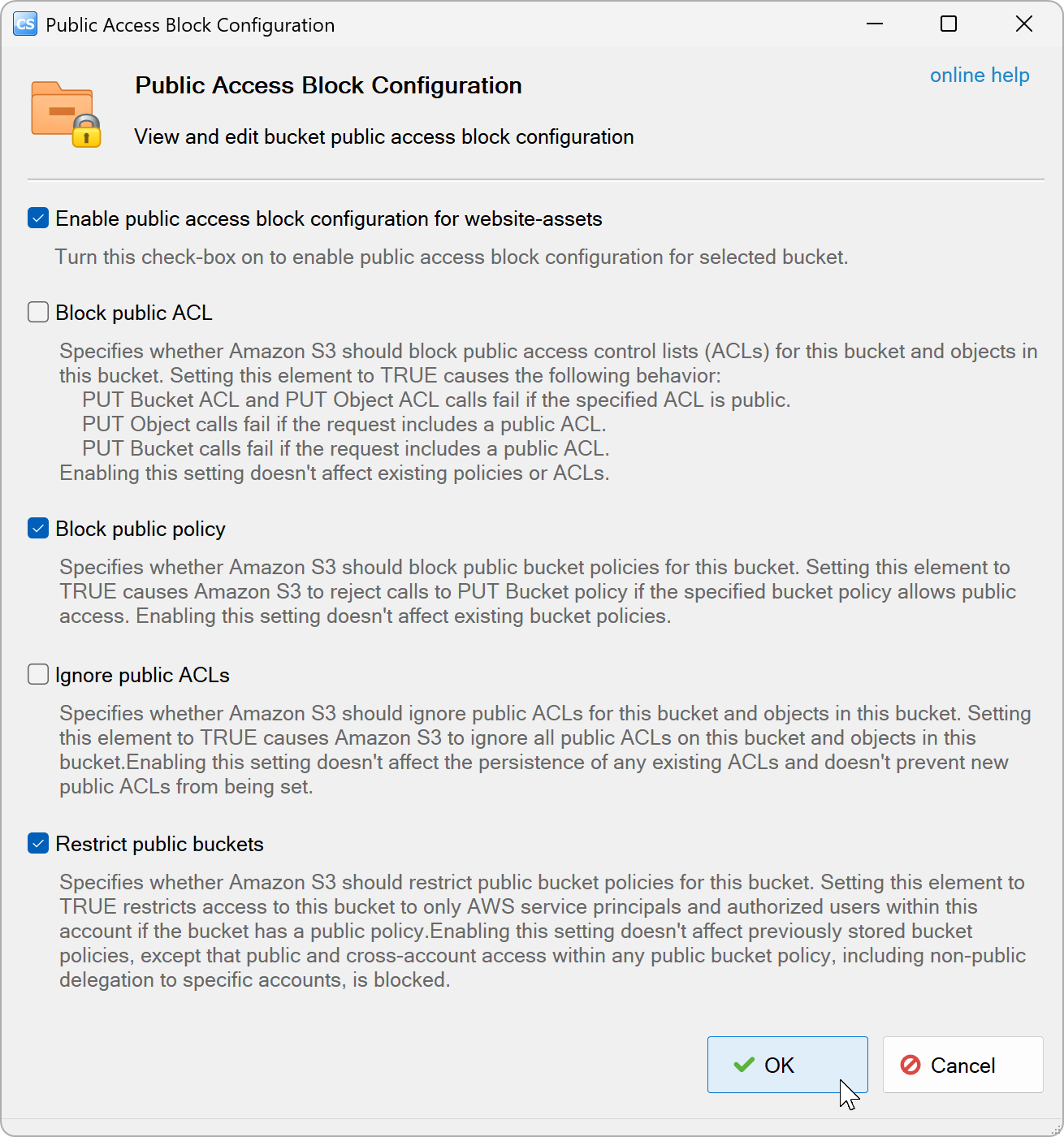 Public Access Block Configuration dialog