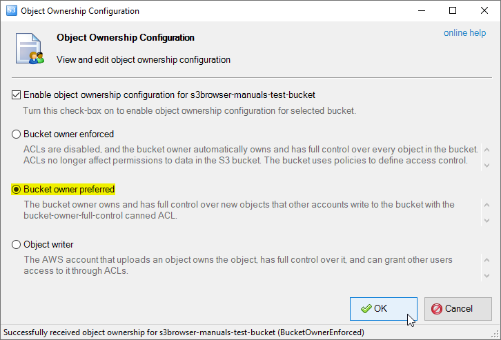 Object Ownership Configuration dialog