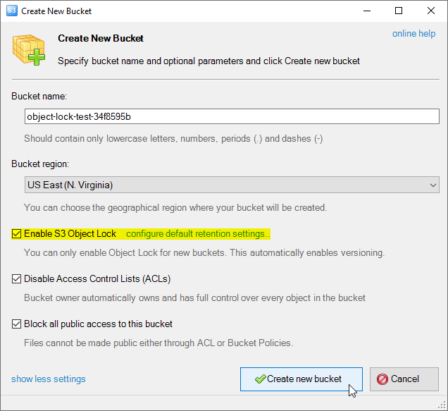 Additional settings for create new bucket dialog