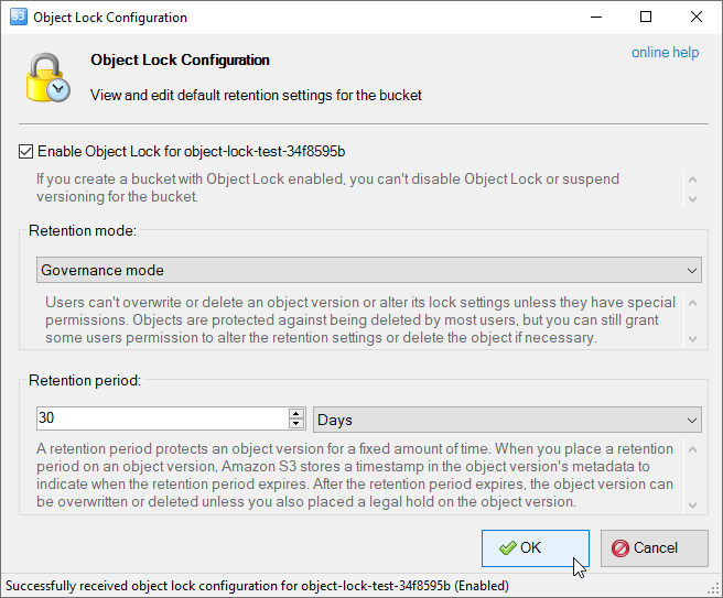 Object Lock Configuration dialog will appear